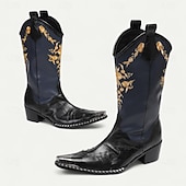cheap Premium Leather Boots-Men's Navy and Black Cowboy Boots with Gold Embroidery – Elegant Western Boots for Stage Performances, Country Celebrations and Themed Parties