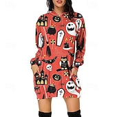 abordables Robe d&amp;#39;Halloween-Femmes Mini Robe Robe à Capuche Robe Décontractée Mode Moderne Halloween Quotidien Week-end Coupe régulière Potiron manche longue À capuche Noir Blanche Jaune Rouge Printemps Automne