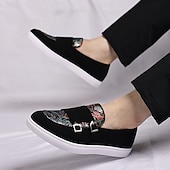 Herre denim loafers med dobbel munk stropp og etnisk trykk – moteriktige, uformelle slip-on-sko for urban stil, fester og vårantrekk billige Uttalelsessko-Herre denim loafers med dobbel munk stropp og etnisk trykk – moteriktige, uformelle slip-on-sko for urban stil, fester og vårantrekk