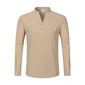 preiswerte Urlaub-Herren Hemd Leinenhemd Wikinger-Stil Sommerhemd Strandbekleidung Einfarbig Urlaub Straße Schwarz Weiß Marineblau Blau Langarm Henley Sommer Frühling Bekleidung Tasche