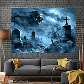 cheap Halloween Wall Tapestries-Skull in the Sky Halloween Tapestry – Spooky Graveyard Wall Hanging with Full Moon &amp; Fog, Gothic Horror Decoration for Haunted Room Aesthetic