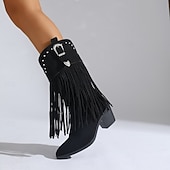 abordables Cowboy et bottes occidentales-Bottes western noires à franges pour femmes – bottes de cow-girl mi-mollet avec boucle cloutée et talon bloc pour rodéo, concerts country et tenues d&#039;automne