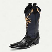 cheap Premium Leather Boots-Men's Navy and Black Cowboy Boots with Gold Embroidery – Elegant Western Boots for Stage Performances, Country Celebrations and Themed Parties