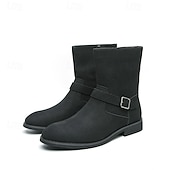 cheap Ankle Boots-Men&#039;s Khaki Faux Suede Mid-Calf Boots with Side Buckle Straps, Retro Cowboy Style Boots for Casual Outfits and Party Occasions