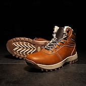 abordables Botas de invierno y nieve-Botas de trabajo clásicas con cordones de piel sintética color tostado para hombre: botines de seguridad duraderos para exteriores, construcción, senderismo y uso diario.