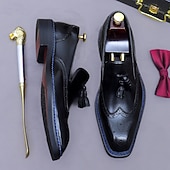voordelige Premium leren loafers-Heren leren loafers met kwastjes - klassieke brogueschoenen van echt koeienhuid met geperforeerde details, instapschoenen voor zakelijk gebruik, op kantoor, op bruiloften en bij elegante gelegenheden