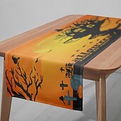 お買い得  ハロウィンキッチン-ハロウィンテーブルランナー - プリント柄の長方形テーブルクロス 33x180cm、レストランの宴会用不気味な装飾 &amp;パーティーダイニング（黒/オレンジ）
