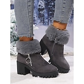 abordables Bottes de neige et d&#039;hiver-Bottines en daim gris pour femme, doublées de fourrure, chaudes, à talon épais et semelle crantée, avec fermeture éclair latérale pour l&#039;hiver