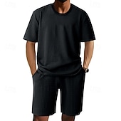 voordelige T-shirt sets voor heren-Voor heren Wafel Shirt T-shirt past 2 stuks outfits T-shirt en korte broek Korte mouw Strakke ronde hals Zomer Effen Modieus Casual Jacquard 2-stuks Vakantie Alledaagse kleding Uitgaan Zwart Wit Khaki