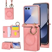 cheap Samsung Cases-Phone Case For Samsung Galaxy Z Flip 7 Z Flip 6 Z Flip 5 Z Flip 4 Back Cover with Lanyard Support Wireless Charging Kickstand Retro TPU PU Leather