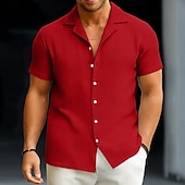 economico camicia da uomo con bottoni-Per uomo Camicia Estiva Camicia button-down Camicia casual Camicia con Colletto Camicia a maglia a nido d&#039;ape Bianco Giallo Rosso Blu Manica Corta Semplice Testurizzato Dentellato Collo ripiegato
