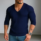 お買い得  リブニットTシャツ-男性用 メンズVネックリブニットTシャツ リブニットTシャツ ティートップ 長袖 Ｖネック 夏 春 秋 平織り ジャカード 近代の カジュアル 快適 ボタン ベーシック 家 ストリート カジュアル ホワイト ブルー ネイビーブルー メンズトップTシャツ
