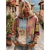  Dame 3D Print Vintage Boho Hoodie Patchwork Hoodie Sweatshirt Floral Pullover Sweatshirt Oversized Varm Aktiv Hettegenser Gate Hverdagsbruk Patchwork Svart Hvit Gul Mørk Rosa Spring Fall Vinter
