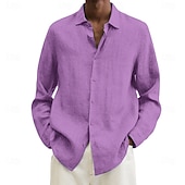 economico camicia da uomo con bottoni-Camicia da uomo in cotone e lino, nera, rosa, blu navy, manica lunga, tinta unita, stile turndown, abbigliamento da vacanza, abbigliamento in poliestere, moda casual