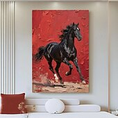 お買い得  動物画-オリジナルの赤黒の質感のある馬の油絵、キャンバスに描かれた野生の種馬の壁アート、馬のパレットナイフのアートワーク、モダンで大胆な乗馬の装飾