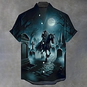 cheap Halloween Shirts-Halloween Men&#039;s Halloween Costumes Headless Horseman Shirt Button Up Shirt Stand Collar Shirt Short Sleeve Dark Gothic Style Holiday Summer Spring Mandarin Collar 3D Print Linen Like Shirt Blue Purple