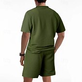 voordelige T-shirt sets voor heren-Voor heren Wafel Shirt T-shirt past 2 stuks outfits T-shirt en korte broek Korte mouw Strakke ronde hals Zomer Effen Modieus Casual Jacquard 2-stuks Vakantie Alledaagse kleding Uitgaan Zwart Wit Khaki