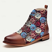 baratos Calçados de Declaração-Botas masculinas de tecido jacquard marrom com cadarço e estampa floral de rosas, sapatos sociais vintage elegantes para festas, casamentos e eventos gatsby