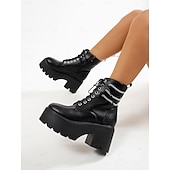 abordables Bottes de combat-Bottines de combat noires à plateforme pour femmes – bottines à lacets épaisses avec détail de chaîne pour le streetwear punk, les concerts et les festivals