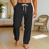baratos Lar-Homens Calças de linho Calças Calça verão Calças largas Calças de praia Com Cordão Bolsos Cintura elástica Tecido Conforto Respirável Comprimento total Férias Diário Feriado Férias Havaiana Preto