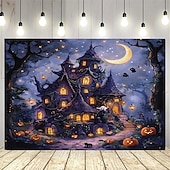 levne halloweenské nástěnné tapisérie-Halloweenský gobelín s motivem strašidelného domu, dýní a netopýrů, strašidelný gotický závěsný tapiserie s úplňkem do obývacího pokoje, ložnice, párty dekorace, strašidelný hrad, děsivá estetika,