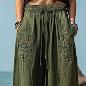 billige Grafiske bukser-Dame Bred Bukseben Bukser Palazzo bukser Mote Bohem Full lengde Høy Midje Blomsternål i krystall Snorer Elastisk midje Trykt mønster Pusteevne Bekvem Gate Dagligdagstøy Ut på byen Militærgrønn Vår