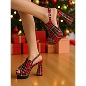 preiswerte Nachtleben Party-Damensandalen mit rotem Schottenmuster und Plateauabsatz – Peeptoe-High-Heels mit dicker Sohle für das Nachtleben und Weihnachtsfeiern