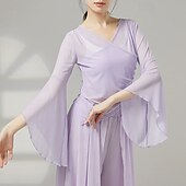 billiga Dansträning-Sportkläder Topp Ren Färg Tvinning Tyll Dam Prestanda Träning Långärmad Hög Polyester
