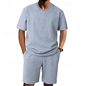 voordelige T-shirt sets voor heren-Voor heren Wafel Shirt T-shirt past 2 stuks outfits T-shirt en korte broek Korte mouw Strakke ronde hals Zomer Effen Modieus Casual Jacquard 2-stuks Vakantie Alledaagse kleding Uitgaan Zwart Wit Khaki