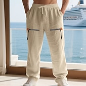 baratos Feriado-Homens Calças de linho Calças Calça verão Calças largas Com Cordão Cintura elástica Bolso Com Zíper Tecido Conforto Respirável Comprimento total Casual Diário Feriado Férias Moda Preto Branco Sem