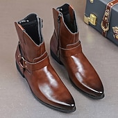 abordables Bottes de Costume-Bottines en cuir marron pour hommes avec fermeture éclair latérale et sangle à boucle, bottes habillées élégantes pour les affaires, les soirées et les occasions formelles
