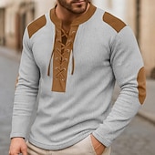 economico T-shirt in maglia waffle-Per uomo Maglietta Maglia Henley Maglietta a Maglia Waffle Camicia a Maniche Lunghe Manica Lunga Collo alla coreana Collo con lacci Primavera &amp; Autunno Blocco di colori Moda Designer Essenziale