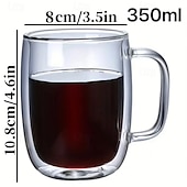 billige Kjøkkenutstyr og -redskap-2 stk. dobbeltveggede glasskaffekrus med håndtak, isolerte glasskopper i borsilikatglass med stor kapasitet, varmebestandig klart glass for kaffe, te, latte, cappuccino, smoothies og kalde drikker.