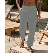 billiga Semester-Herr Linne Byxor Långbyxor Sommarbyxor Strandbyxor Snörning Ficka Elastisk midja Slät Komfort Andningsfunktion Semester Dagligen Helgdag Hawaiisk Boho 다크 카키 Svart