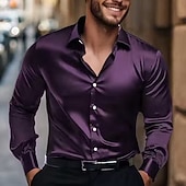 preiswerte Satinhemden für Herren-Herren Hemd Satinhemd Kleidhemd Freizeithemd Knopfhemd Einfach Formell Hochzeit Schwarz Blau Dunkelviolett Langarm Revers Frühling &amp; Herbst Ganzjahres Bekleidung