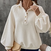 ieftine Hanorace texturate și pulovere-Hanorac textură pentru femei, hanorac tip waffle, pulover, hanorace, streetwear, simplu, casual, mânecă lungă, decolteu în V, topuri regulate, ieșiri în oraș, nasturi, bej, toamnă