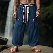 baratos Retrô-Homens Calças de linho Calças Calça verão Calças largas Com Cordão Cintura elástica Perna larga Tecido Conforto Respirável Comprimento total Ao ar livre Ioga Casual Férias Moda Azul Marinha