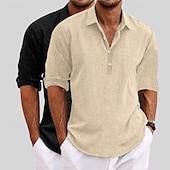 preiswerte Klassiker-Herren Hemd Leinenhemd Sommerhemd Strandbekleidung Einfach Urlaub Lässig Khaki + Schwarz Blau+Khaki Grau+Khaki Weiss + schwarz Langarm Revers Sommer Frühling Bekleidung