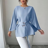 tanie Gładkie bluzki-Damskie Koszule eleganckie Bluzka Równina Elegancja Zabytkowe Codzienny Długi rękaw Rękaw 1/2 Rękaw typu motylek Półgolf Zwykłe topy Codzienny Na zewnątrz Biuro Niebieski (z paskiem) Lato Wiosna