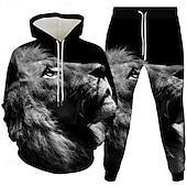 baratos Conjunto de Moletom 3D Masculino-Homens Leão 2pcs Conjuntos de moletom 3D Moletom Moletom com capuz Manga Longa Calças compridas Com Capuz Casual Diário Roupa Esportiva Impressão 3D Primavera Outono Inverno Preto