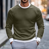 preiswerte T-Shirt mit Waffelstrick-Herren Waffel T-Shirt Pullover Sweatshirt T-Shirt Langarmshirt Langarm Rundhalsausschnitt Frühling &amp; Herbst Einfach Mode Designer Basic Mode Falscher Zweiteiler Urlaub Straße Lässig Marineblau Braun