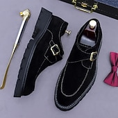 abordables Chaussures de Costume Classiques-Chaussures à boucle en cuir suédé marron pour homme - Chaussures classiques en cuir de vachette véritable de première couche pour le bureau et les occasions formelles