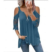 preiswerte Damen Einfache Oberteile-Damen Bluse Einfach Modern Lässig Dreiviertelarm V Ausschnitt Normale Oberteile Täglich Ausgehen Reißverschluss Ausschnitt Schwarz Weiß Rosa Blau Grau Sommer
