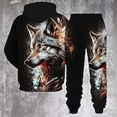 billiga Herrars 3D-tröjset-Herr Djur Varg 2st 3D-tröja set Träningsoverall Hoodie-tröja Långärmad Långa byxor Huva Ledigt vardag Fritids- Dagliga kläder 3D-utskrift Vår Höst Vinter Orange Grön