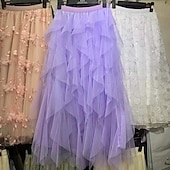 preiswerte Chiffon -Röcke-Damen Rock Schwingend Gazeröcke Mode Lässig Maxi Mittlere Hüfthöhe Röcke Einfarbig Unregelmäßiger Saum Mikroelastisch Urlaub Straße Aprikose Schwarz Weiß Rosa Frühling Polyester