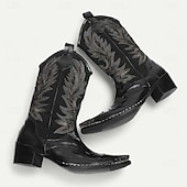billiga Premium läderstövlar-Svarta westerncowboystövlar för män med broderade löv – höga stövlar i premiumkohud för countrymusikevenemang, rodeos och vintagefester