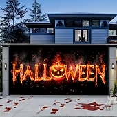 abordables Housse de porte de garage-Couverture de porte de garage d'Halloween, bannière de lanterne de citrouille maléfique, tapisserie de fond de visage de lanterne de Jack O'Lantern lumineuse pour décoration murale ou de clôture