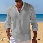 economico Vacanza-Per uomo Camicia di lino Camicia con colletto alla coreana Camicia popover Camicia casual Camicia da Spiaggia Semplice Vacanza Ferie Nero Bianco Rosa Arancione Manica Lunga Henley Estate Primavera