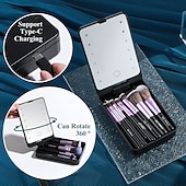 olcso Tárolás és rendszerezés-utazó sminkecset-készlet LED-es lámpával, hordozható kozmetikai tükörrel, kompakt, összecsukható piperetükör világítással, kézi asztali sminkeszközök nőknek és lányoknak