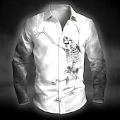 billiga Halloween T-shirts-Halloween Herr Skelett Gradientfärg Halloween Kostymer Skjorta Knapp upp skjorta Långärmad Mörk punkgotik Utomhus Helgdag Sommar Vår Nedvikt 3D-utskrift krage skjortor Vit Blå Orange